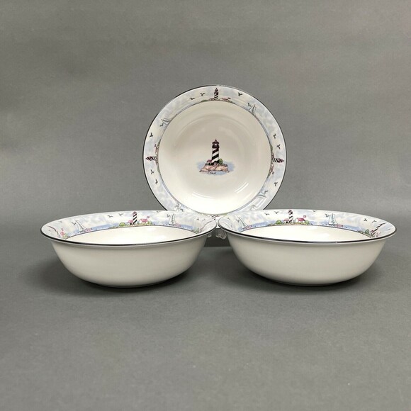 Stoneware Light House Sailboats White Blue Soup Cereal Bowls 7 1/4" Lot of 3 - Picture 2 of 8